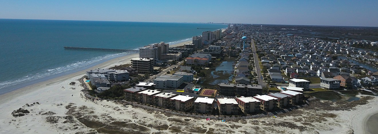 Drone photo overlooking Cherry Grove Beach, South Carolina