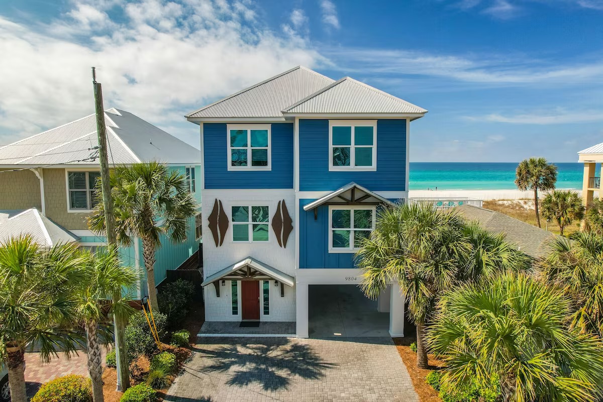 Aerial view of a beach house rental in Panama City Beach, FL.