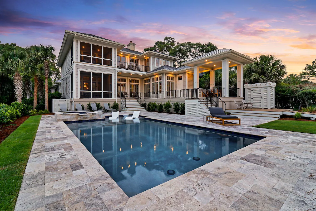 Rear view of a beach house rental with inground pool in Hilton Head, SC.