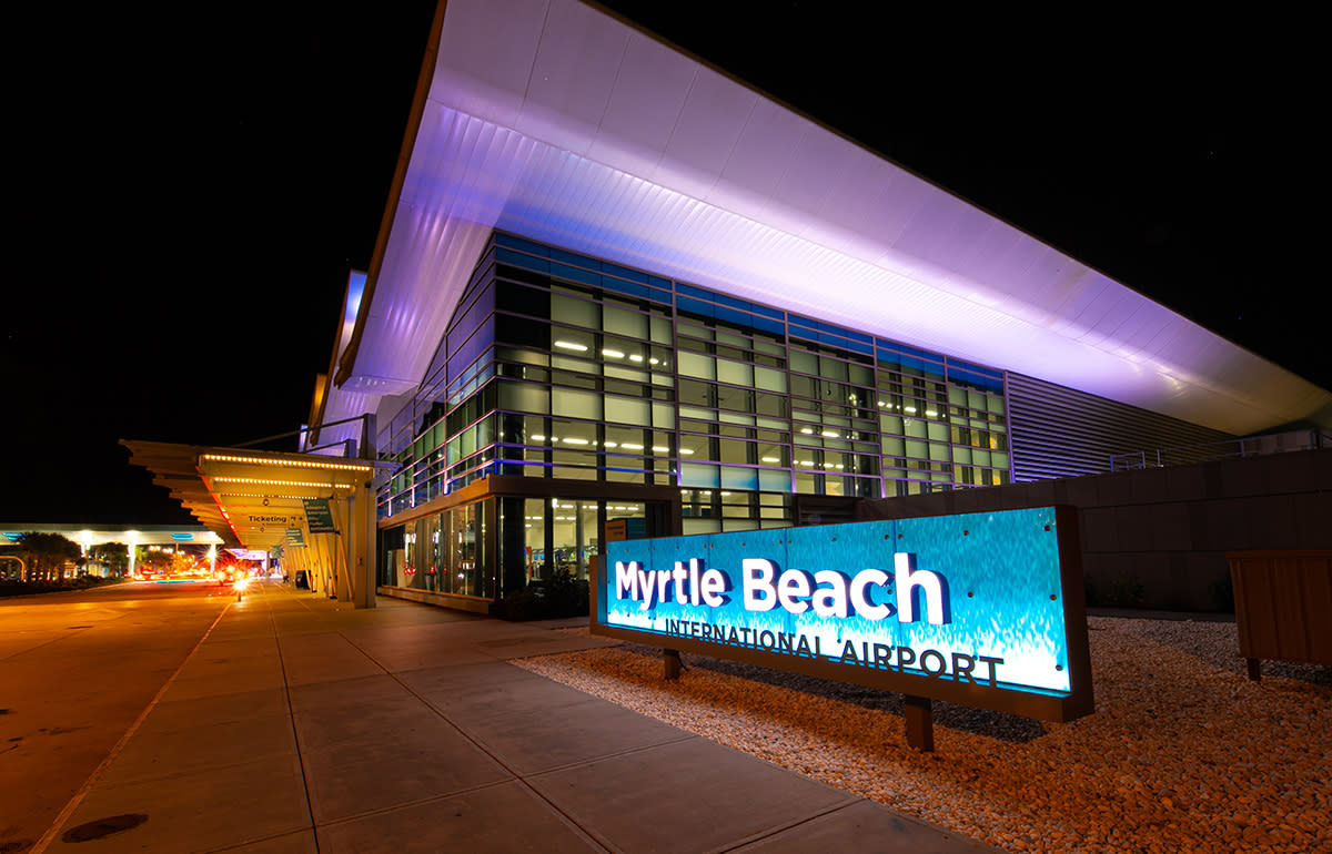 Enterance to the Myrtle Beach International airport at night.
